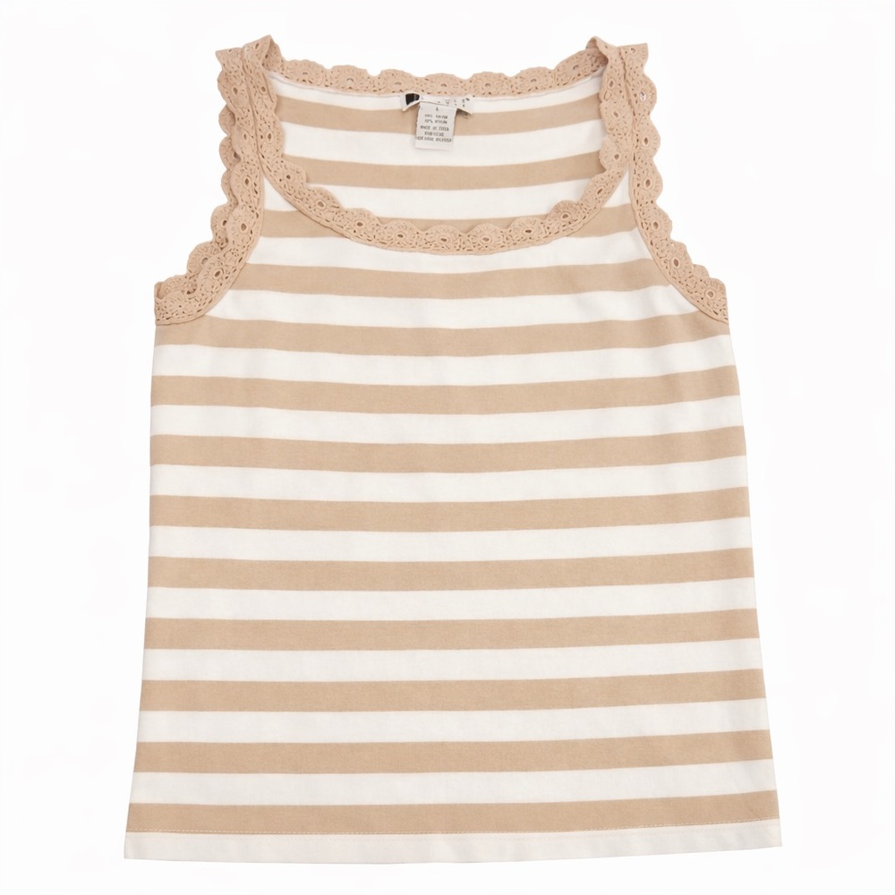 Carole Little Tan White Stripe Knit Top Crochet Trim Size Large L